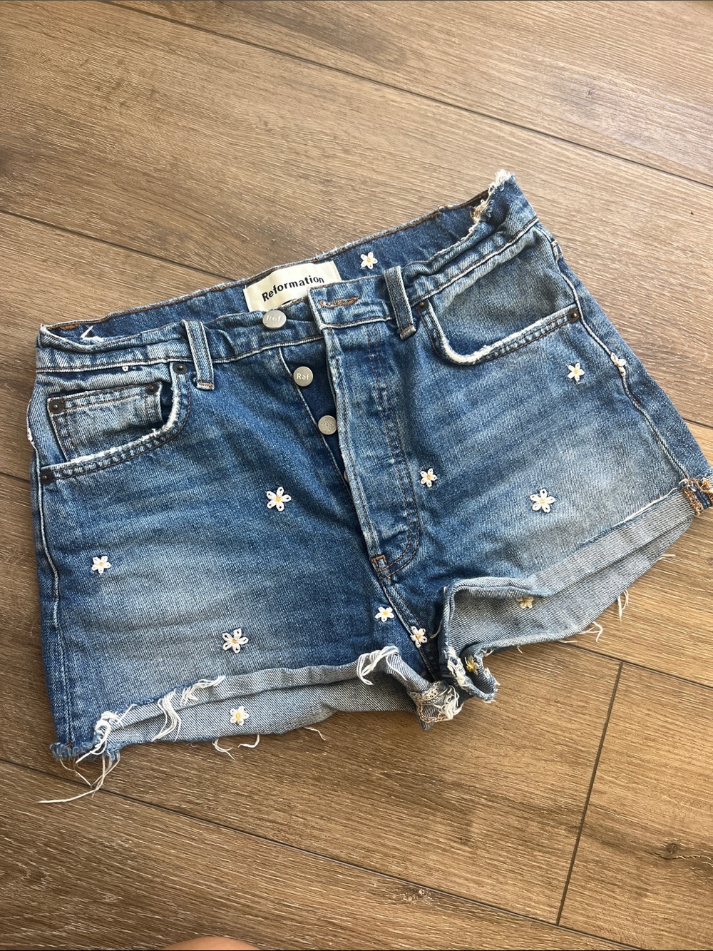 Reformation Blue Daisy Embroidered Jean Shorts High Waisted